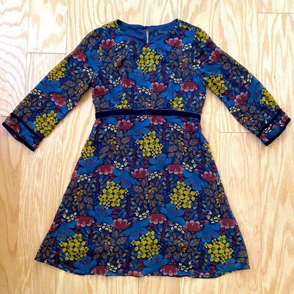 Zara Floral Velvet Mesh Midi Dress Keyhole Cutout Back Trafaluc 3/4 Sleeve XS